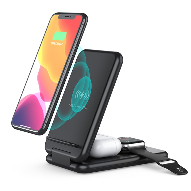 15W 3 en 1 Qi plegable Qi Fast Wireless Charger Holder Teléfono para iPhones Iwatchs Airpods (Negro)