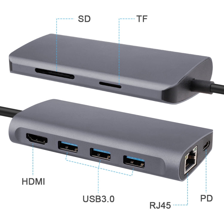 8 en 1 Tipo C a HDMI + USB 3.0 x 3 + RJ45 + PD + SD / TF Card Slot Hub Adapter