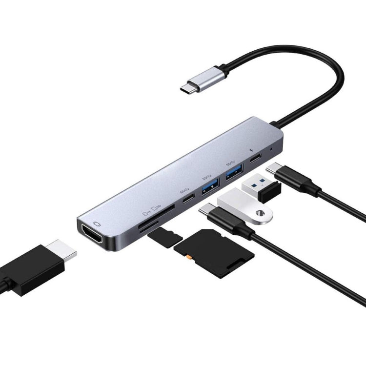 7 en 1 tipo C a HDMI + SD / TF + 2 x Tipo-C + 2 x USB3.0 adaptador de divisores multifunción
