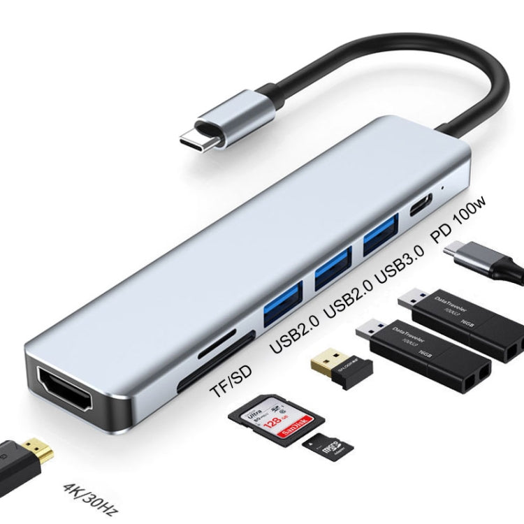 7 in 1 HDMI + SD / TF + USB2.0x2 + USB3.0 + PD to TYPE C HUB Docking Station