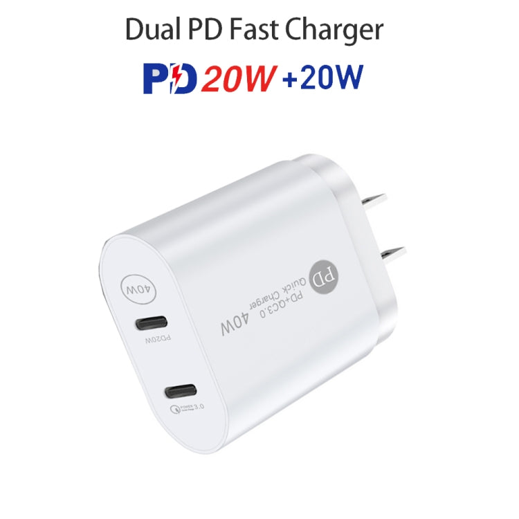 40W Dual Port PD USB-C / Type-C Fast Charger for iPhone / iPad Series US Plug (White)