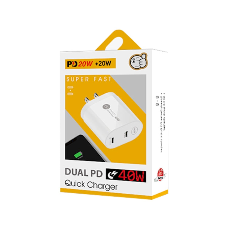 Cargador 40W Puerto Dual PD USB-C / Tipo-C Cargador Rápido para iPhone / iPad Series Tapones de US (Negro)