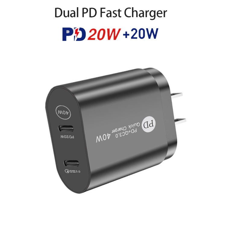 40W PD3.0 Dual Port USB-C / TYPE-C Charger with Type-C to Type-C Data Cable US Plug (Black)