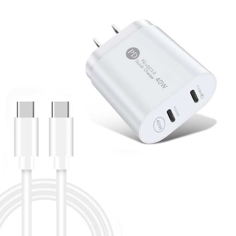 40W PD3.0 Dual Port USB-C / Type C Charger with TYP-C to Type-C Plug Data Cable (White)