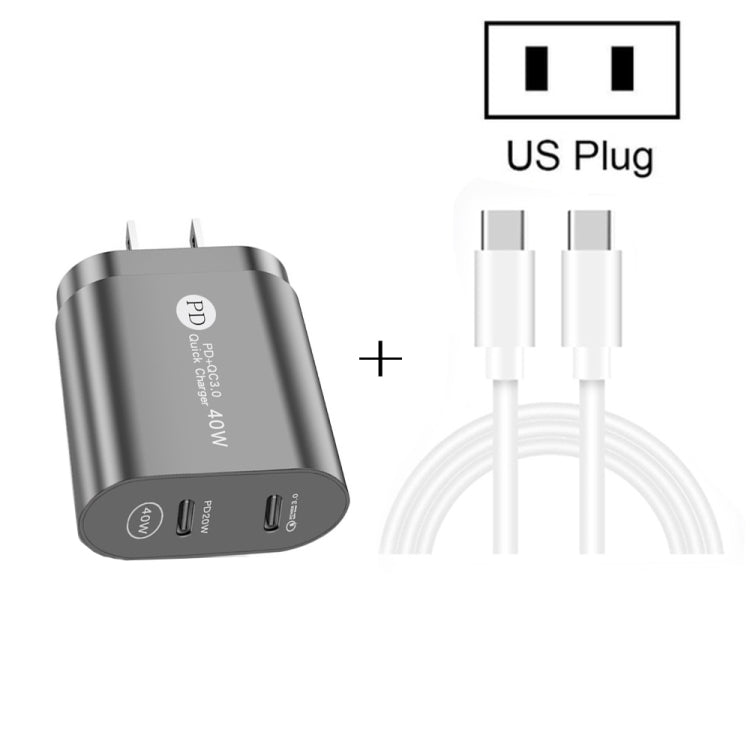 Chargeur 40W PD3.0 double port USB-C / TYPE-C avec câble de données type-c à type-c prise US (noir)