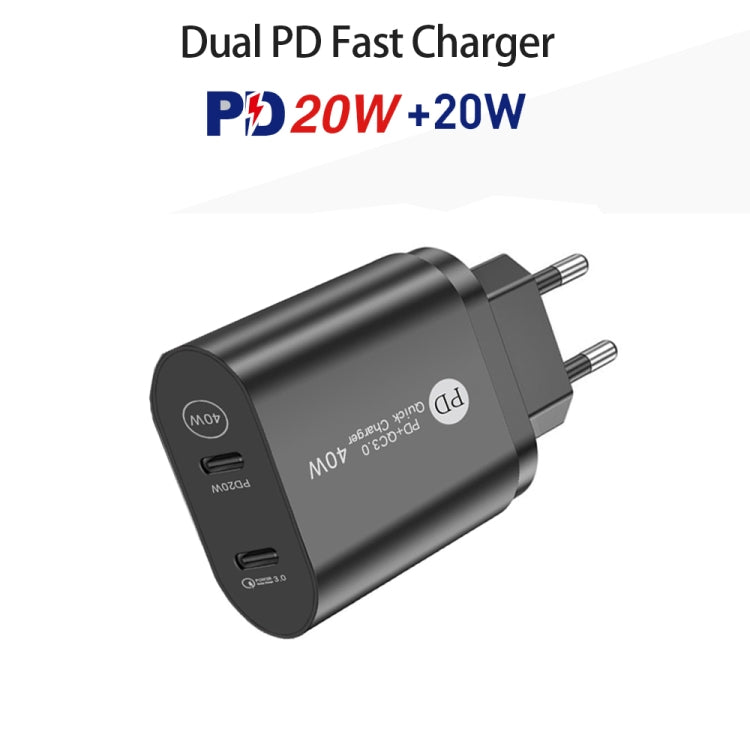 40W PD3.0 Dual USB-C / TYPE-C Port Charger with Type-C to Type-C Data Cable EU Plug (Black)