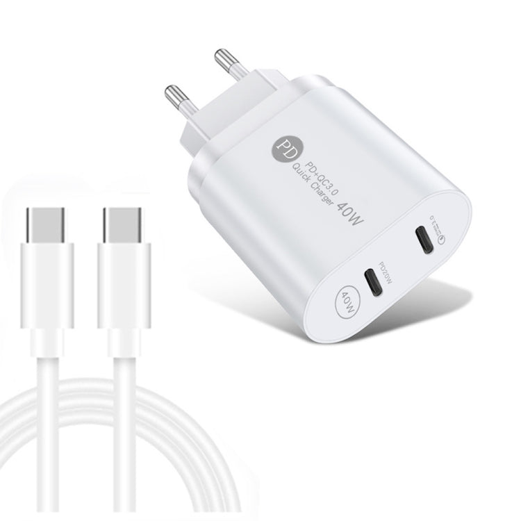 40W PD3.0 Dual Port USB-C / Type C Charger with TYP-C to Type-C Data Cable EU Plug (White)