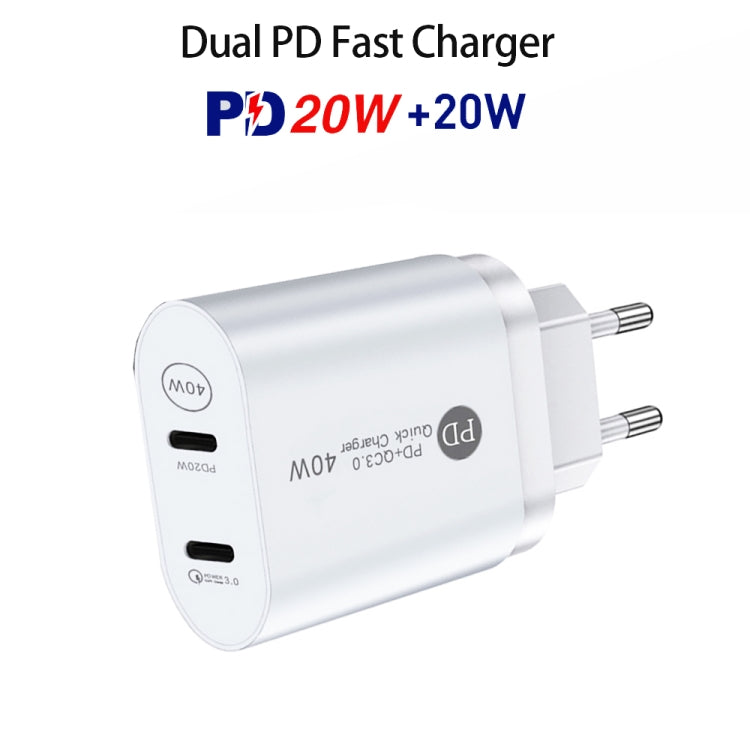 40W PD3.0 Dual Port USB-C / Type C Charger with TYP-C to Type-C Data Cable EU Plug (White)