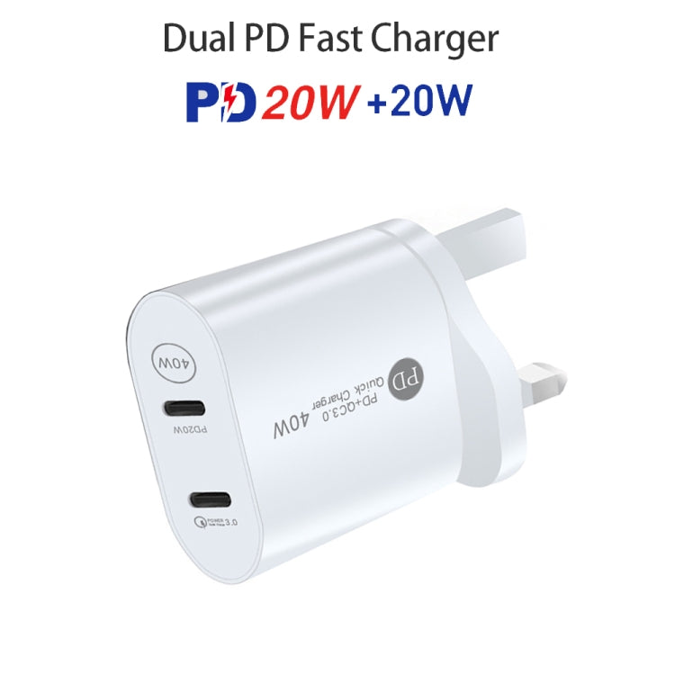 Chargeur 40W PD3.0 double port USB-C / Type C / avec câble de données TYP-C vers Type-C prise britannique (blanc)