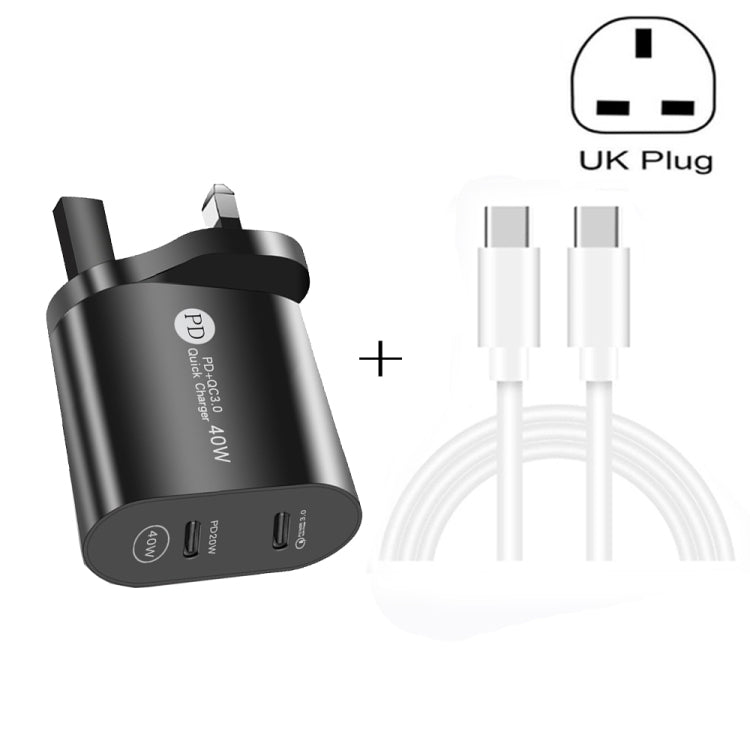 40W PD3.0 Dual USB-C / TYPE-C Port Charger with Type-C to Type-C Data Cable UK Plug (Black)