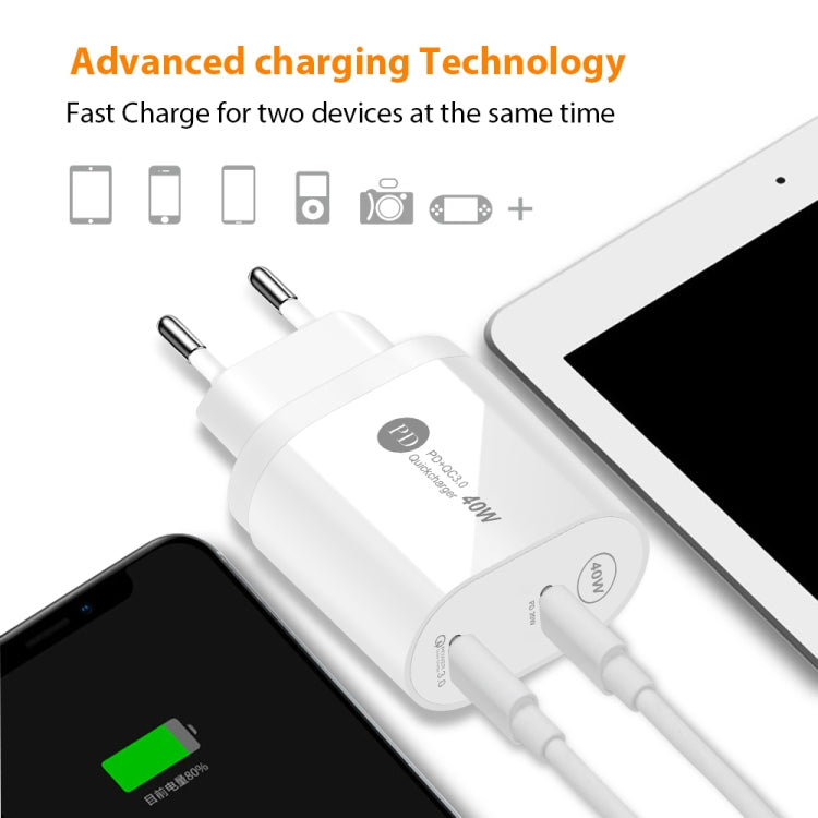 40W PD3.0 Dual USB-C / TYPE-C Port Charger with Type-C to Type-C Data Cable UK Plug (Black)