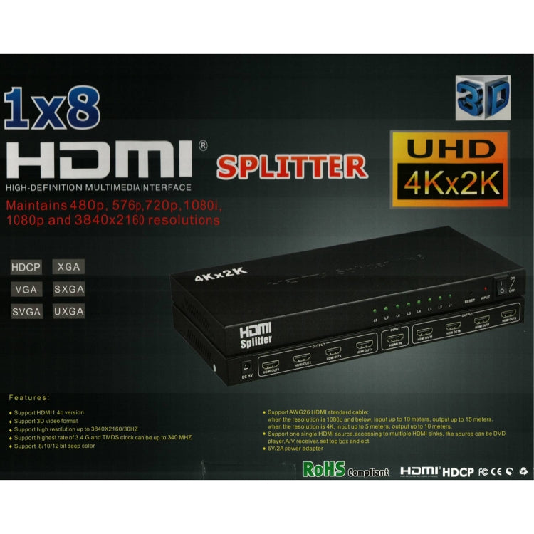 1 x 8 4k x 2k 3840 2160/30Hz HDMI Splitter
