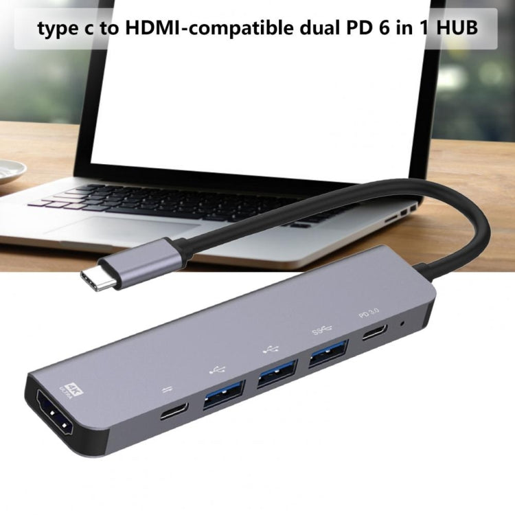 6-IN-1 Type-C to HDMI + PD + Type-C + USB3.0 + USB2.0 x 2 Docking Station Hub Adapter