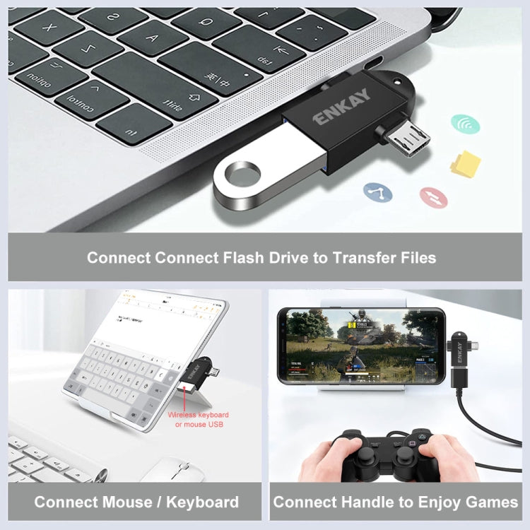 Enkay ENK-AT112 2 en 1 Tipo C + Micro USB a USB 3.0 ALEAY Aluminio OTG Adaptador (Negro)