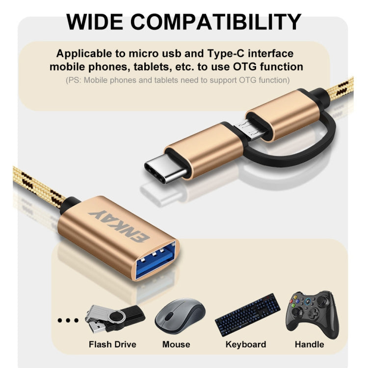 Enkay ENK-AT113 2 in 1 Type C / Micro USB to USB 3.0 Nylon Braided OTG Adapter Cable (Gold)