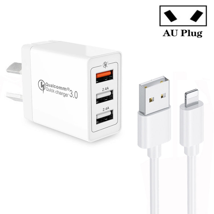 SDC-30W QC3.0 USB + 2 USB 2.0 Ports Fast Charger with USB Cable to 8 Pin AU Plug
