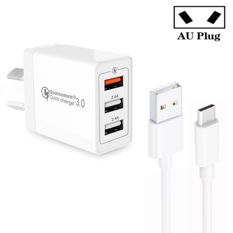 SDC-30W QC3.0 USB + 2 USB 2.0 Ports Fast Charger with USB to Type C Cable AU Plug