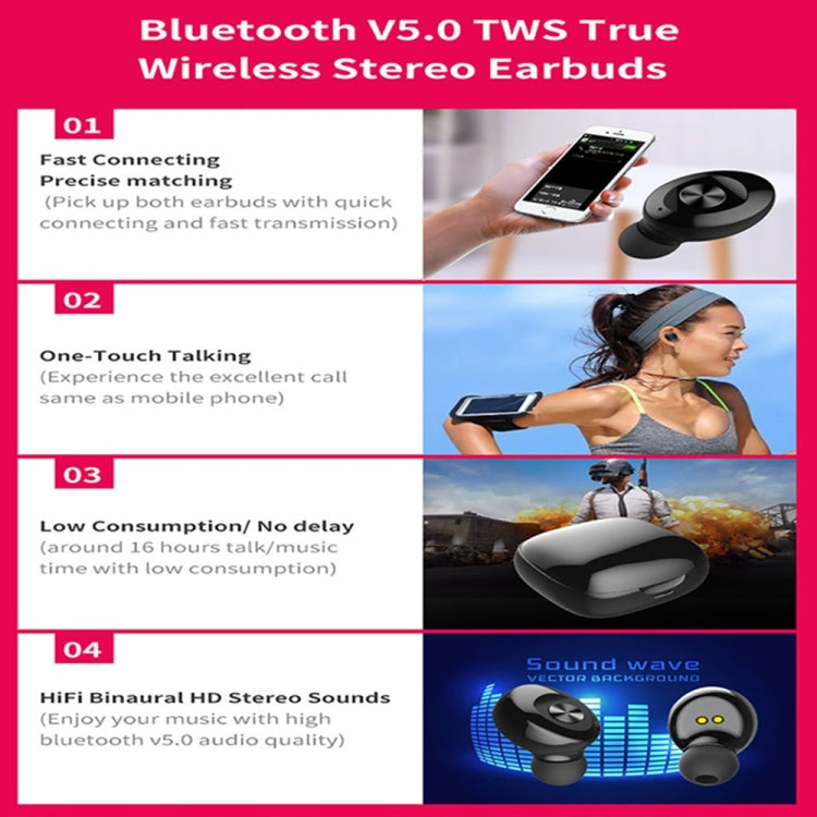 XG12 TWS Wireless Bi-Earbuds Wireless Sports Headphones with Bluetooth 5.0 and Portable (Black)