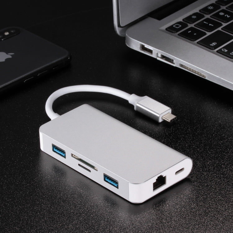 6 en 1 Type C Hubs USB 3.0 Type-C vers 2xUSB3.0 RJ45 Carte SD TF PD Port de Charge Adaptateur Convertisseur Câble pour Ordinateur Portable Macbook (Argent)