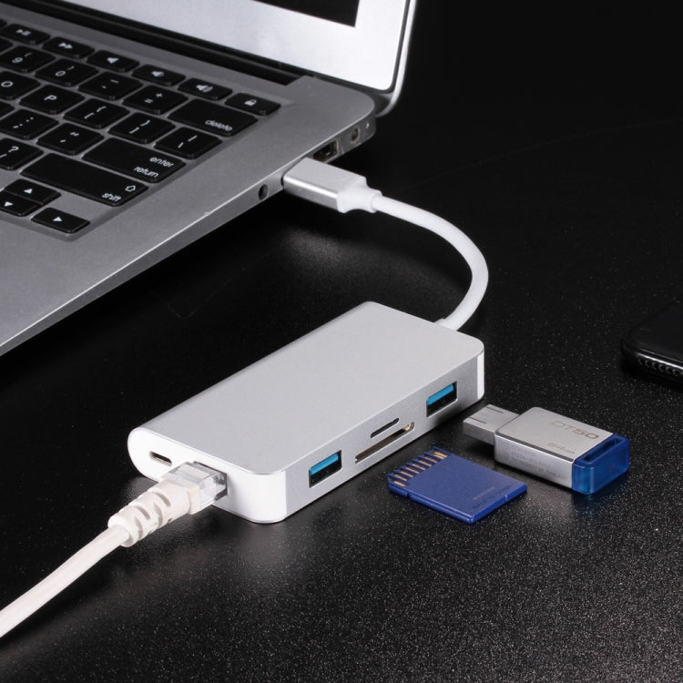 6 en 1 Type C Hubs USB 3.0 Type-C vers 2xUSB3.0 RJ45 Carte SD TF PD Port de Charge Adaptateur Convertisseur Câble pour Ordinateur Portable Macbook (Argent)