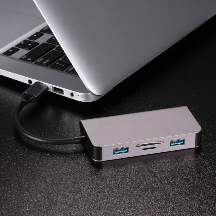 6 en 1 Type C Hubs USB 3.0 Type C vers 2xUSB3.0 RJ45 Carte SD TF PD Port de Charge Adaptateur Convertisseur Câble pour Ordinateur Portable Macbook (Gris)
