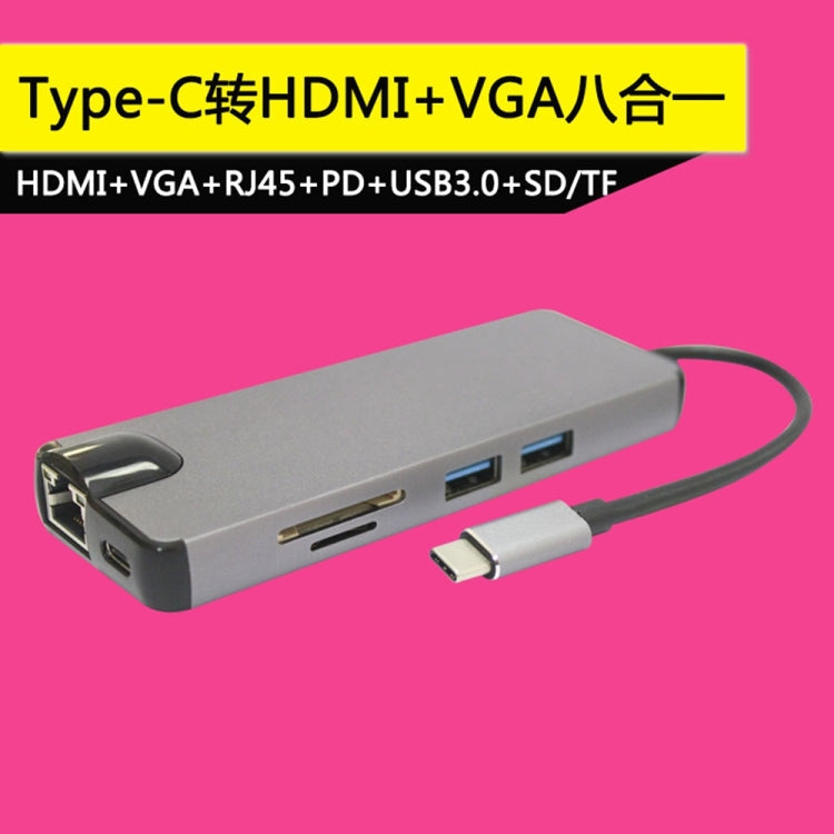 Adaptador 8 en 1 USB-C / Type-C a 4K HDMI 1000M LAN VGA USB3.02 SD / TF RJ45 PD