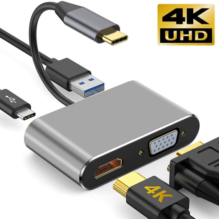 Adaptateur USB C vers HDMI VGA 4K Hub 4 en 1 de type C vers adaptateur HDMI VGA Adaptateur multiport AV numérique USB 3.0 avec port de charge USB-C PD compatible avec Nintendo Switch / Samsung / MacBook (Argent)