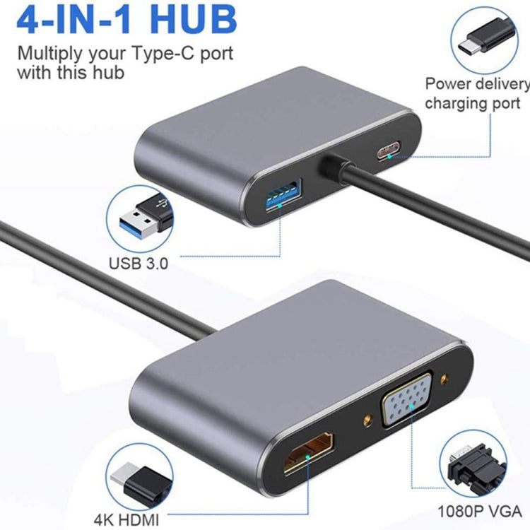 Adaptador USB C a HDMI VGA 4K Adaptador 4 en 1 Tipo C Hub a HDMI VGA Adaptador multiPuerto de USB 3.0 AV Digital con Puerto de Carga USB-C PD Compatible con Nintendo Switch / Samsung / MacBook (Plateado)