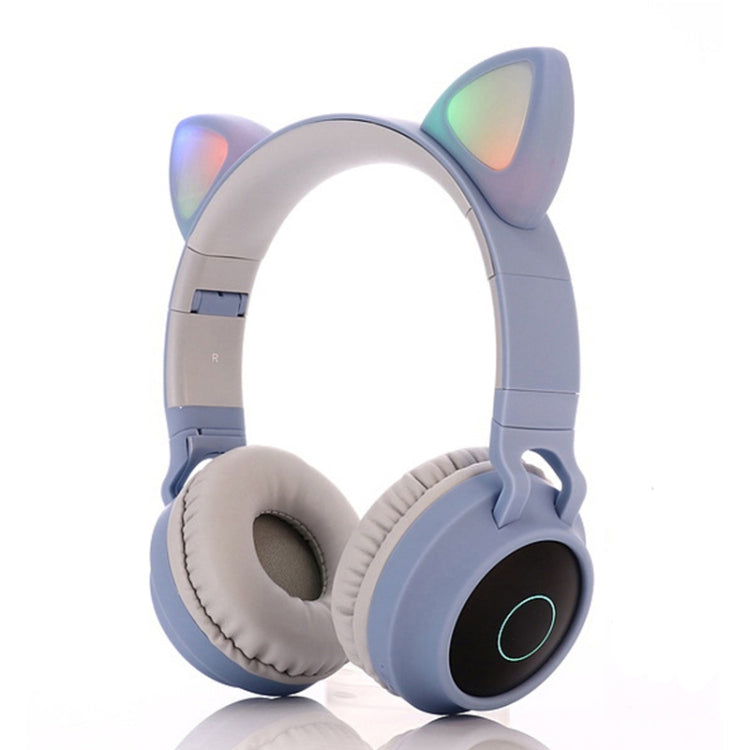 BT028C Cute Cat Bluetooth Headphones 5.0 Foldable Stereo Wireless Headphones Headset Headphones with Mic/LED Light/FM Radio/TF Card (Blue)