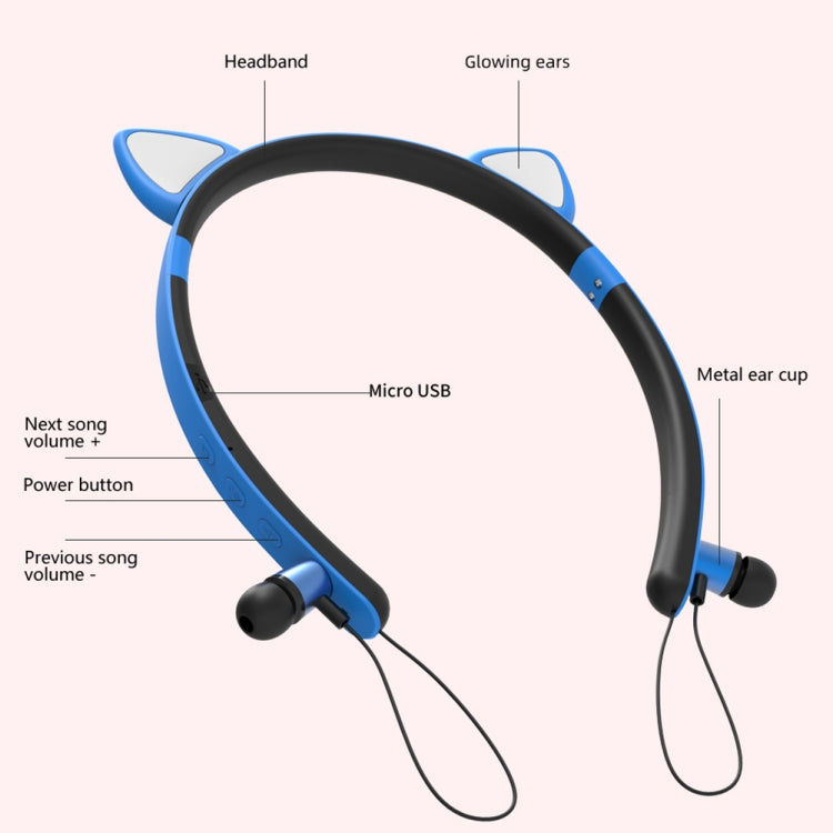 ZW29 Cat Ear Stereo Sound HIFI Fashion Outdoor Portable Sports Wireless Bluetooth Headphones with Mic and Glowing LED Light (Blue)