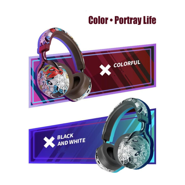 VJ086 Graffiti Headset Wireless Sports Bluetooth Headphones Water Transfer Color Printing Headphones Support TF FM (Dazzle Color)