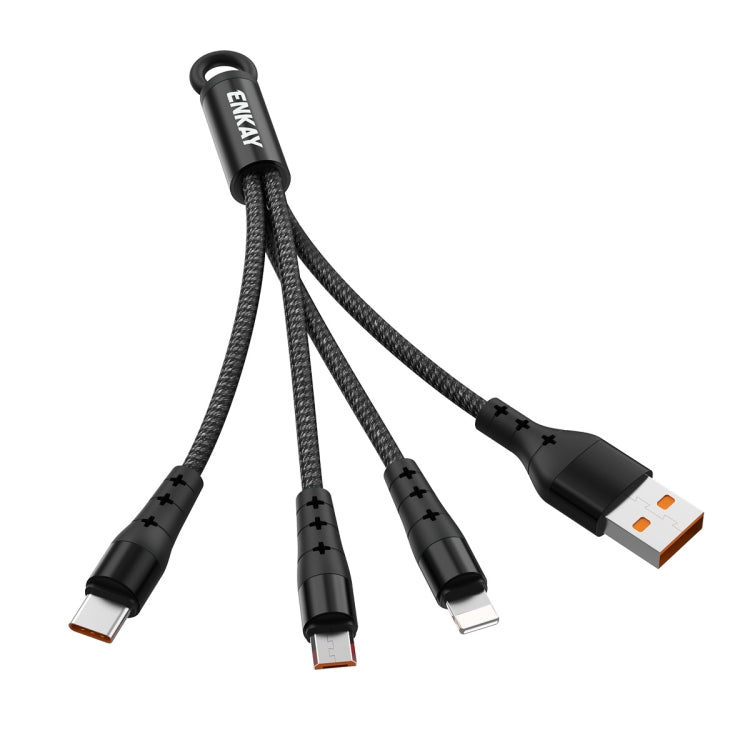 ENKAY ENK-CB400 3 en 1 2.4A USB a 8 Pines + Micro USB + USB-C / Type-C Mini Cable de Carga de Cable redondo con textura de tela Portátil Longitud: 14 cm (Negro)