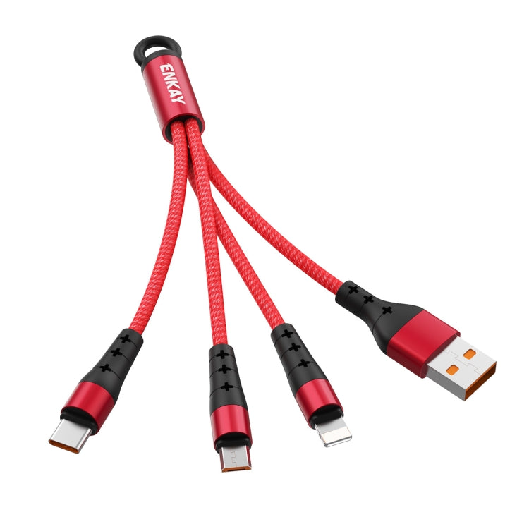 ENKAY ENK-CB400 3 en 1 2.4A USB a 8 Pines + Micro USB + USB-C / Type-C Mini Cable de Carga de Cable redondo con textura de tela Portátil Longitud: 14 cm (Rojo)