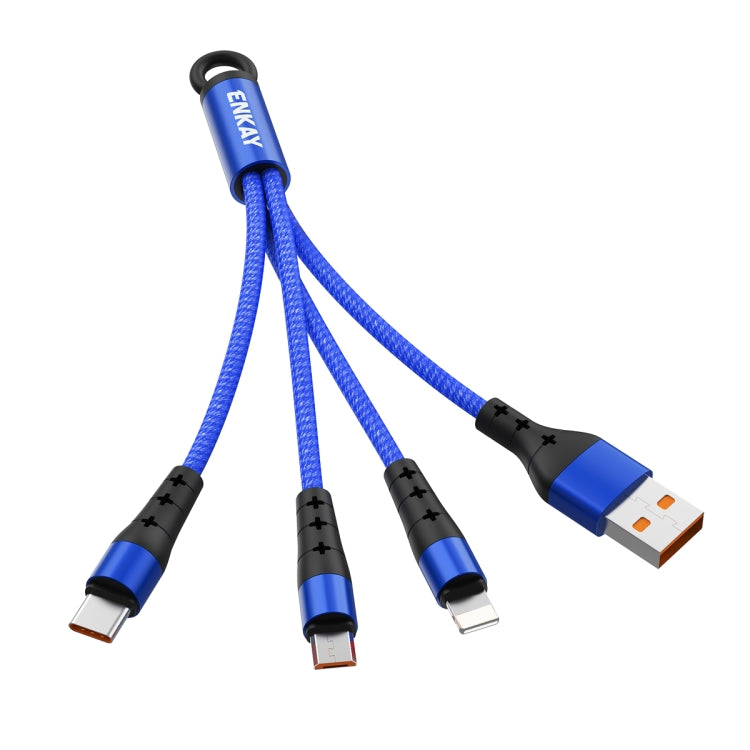 ENKAY ENK-CB400 3 en 1 2,4 A USB vers 8 broches + Micro USB + USB-C / Type-C Mini portable Tissu Texture Cordon rond Câble de charge Longueur : 14 cm (Bleu)