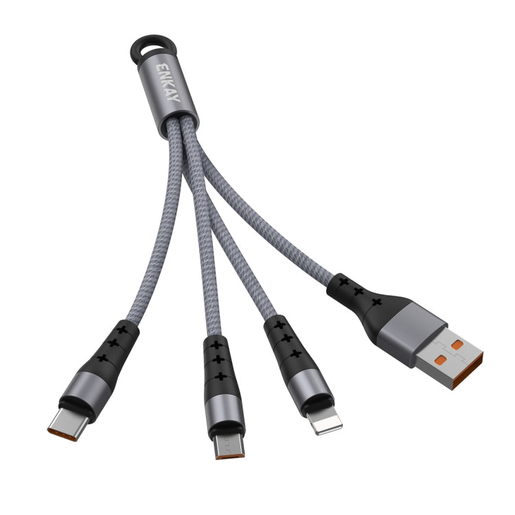 ENKAY ENK-CB400 3 en 1 2.4A USB a 8 Pines + Micro USB + USB-C / Type-C Mini Cable de Carga de Cable redondo con textura de tela Portátil longitud: 14 cm (Gris)