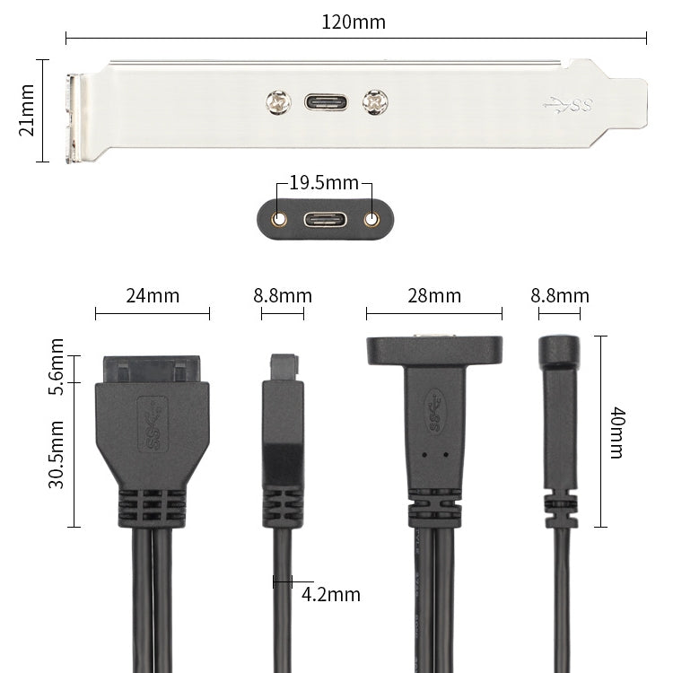 50CM USB3.0 20P a USB Tipo-C Chasis madre Cable deflector de bits PCI