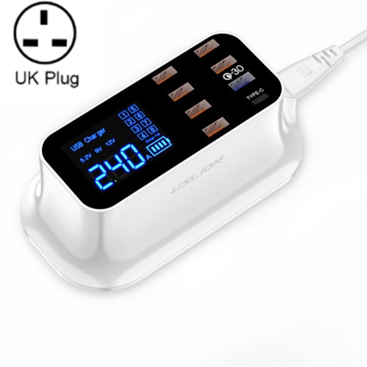 USLION PD18W QC Charger Multi-USB Port Smart Digital Power Strip LED Display Digital Display Charger UK Plug