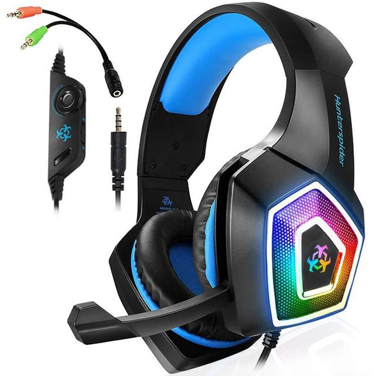 Gaming Headphones with 3.5mm RGB V1 Colorful Luminous Wire Control Cable length: 2.2m (Black Blue)