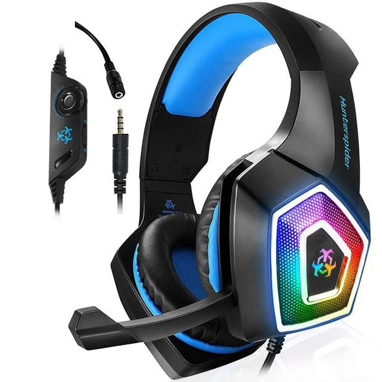 Gaming Headphones with 3.5mm RGB V1 Colorful Luminous Wire Control Cable length: 2.2m (Black Blue)