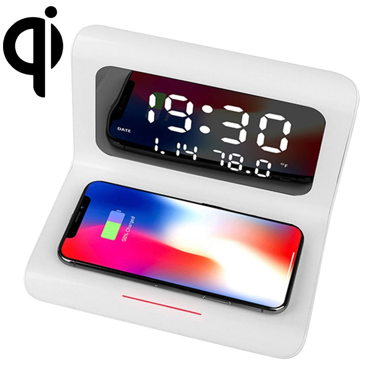 RT1 10W Qi Universal Multifunction Mobile Phone Wireless Charger with Alarm Clock and Time/Calendar/Temperature Display (White)