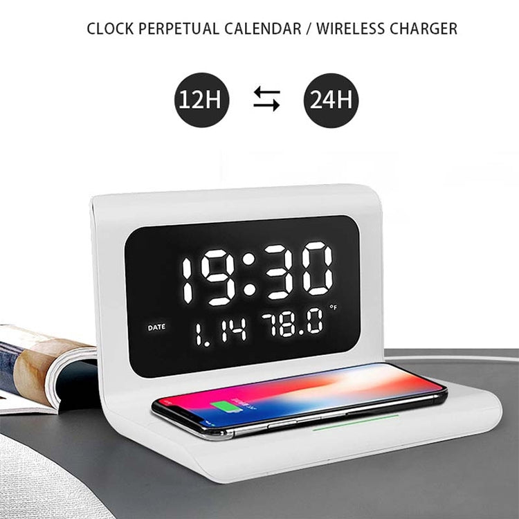 RT1 10W Qi Chargeur sans fil multifonction universel pour téléphone portable avec réveil et affichage de l'heure/calendrier/température (blanc)