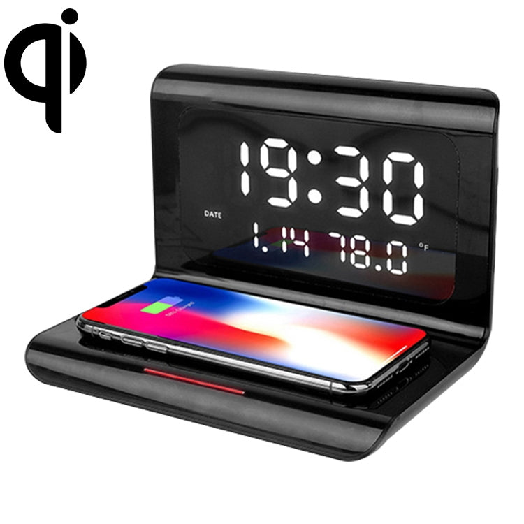 RT1 10W Qi Universal Multifunction Mobile Phone Wireless Charger with Alarm Clock and Time/Calendar/Temperature Display (Black)