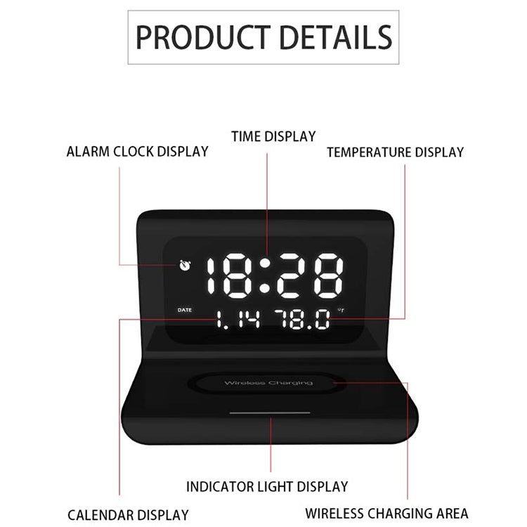 RT1 10W Qi Chargeur sans fil multifonction universel pour téléphone portable avec réveil et affichage de l'heure/calendrier/température (noir)