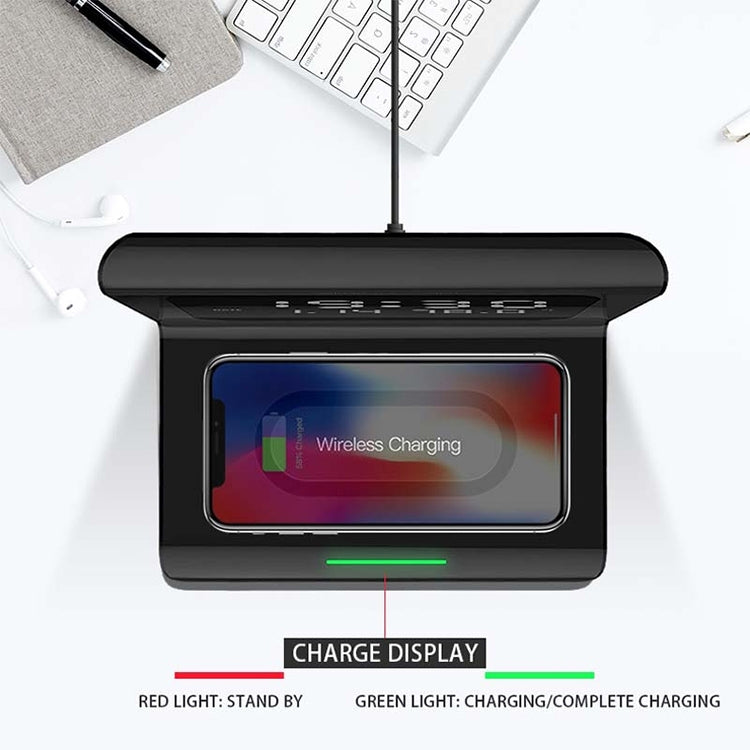 RT1 10W Qi Universal Multifunction Mobile Phone Wireless Charger with Alarm Clock and Time/Calendar/Temperature Display (Black)