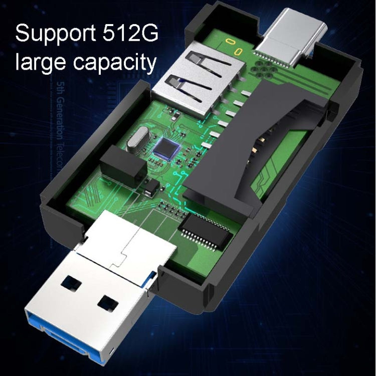 2 PCS Type C &amp; Micro USB &amp; USB 2.0 3 in 1 Multi-function Card Reader Ports Support U disk / TF / SD (Black)