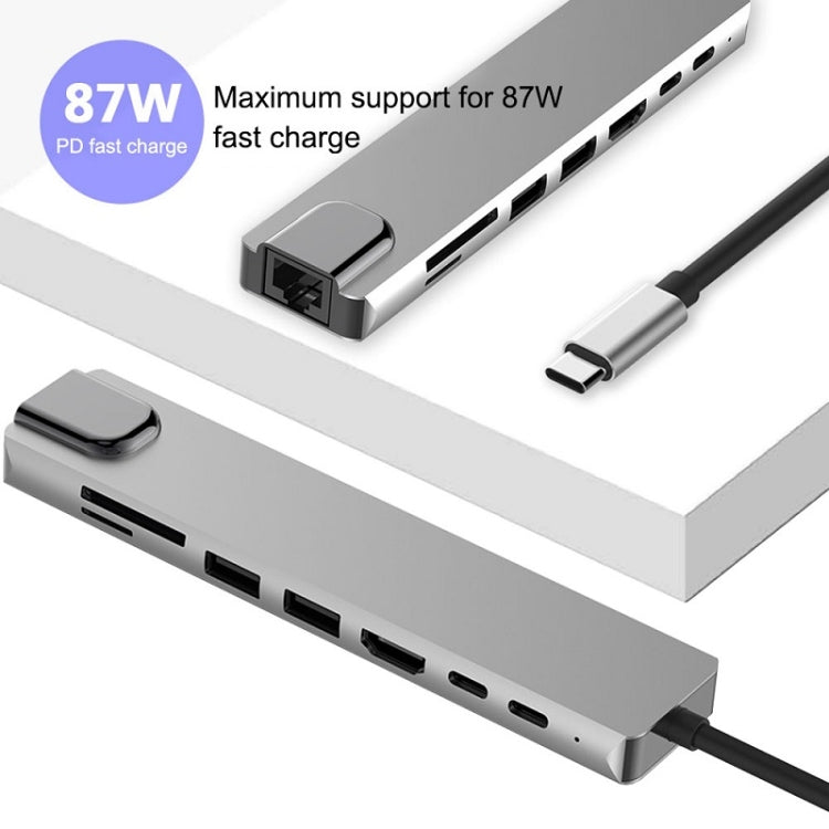 WC7367 8 in 1 87W Type-C to PD + USB3.0x2 + SD + TF + HDMI + RJ45 + Type-c Docking Station HUB