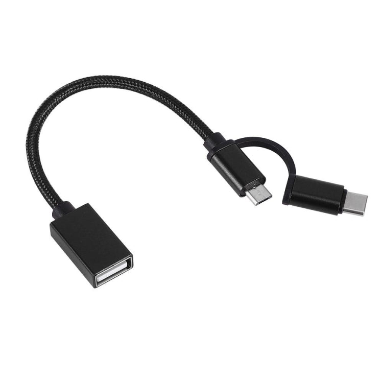 Câble adaptateur USB 3.0 femelle vers micro USB + USB-C / Type-C mâle de charge + transmission en nylon tressé OTG Longueur du câble : 19 cm (noir)