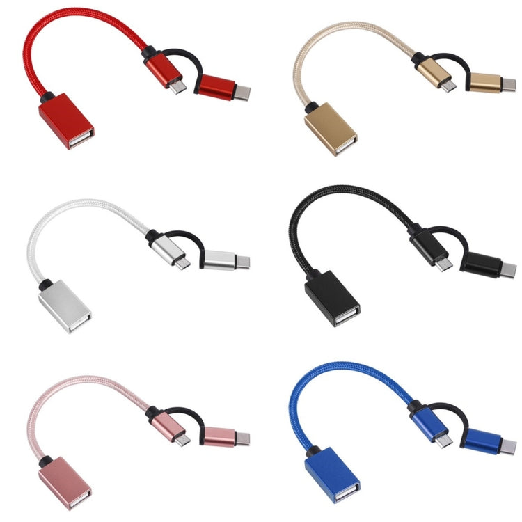 Câble adaptateur USB 3.0 femelle vers micro USB + USB-C / Type-C mâle de charge + transmission en nylon tressé OTG Longueur du câble : 19 cm (noir)