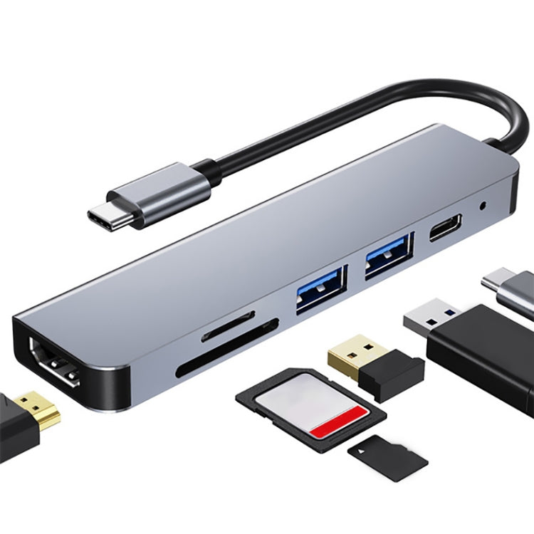 6 in 1 USB-C / Type-C to 4K HDMI + SD / TF Card Slot + USB-C / TYPE-C PD Charging + 2 USB 3.0 Ports Multifunctional Hub Docking Station