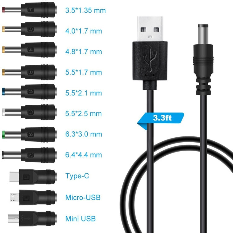 11 en 1 Cable de Alimentación DC USB Multifunción Intercambio Cable de Carga USB (Negro)